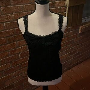 Black velvet cami top with black lace trim